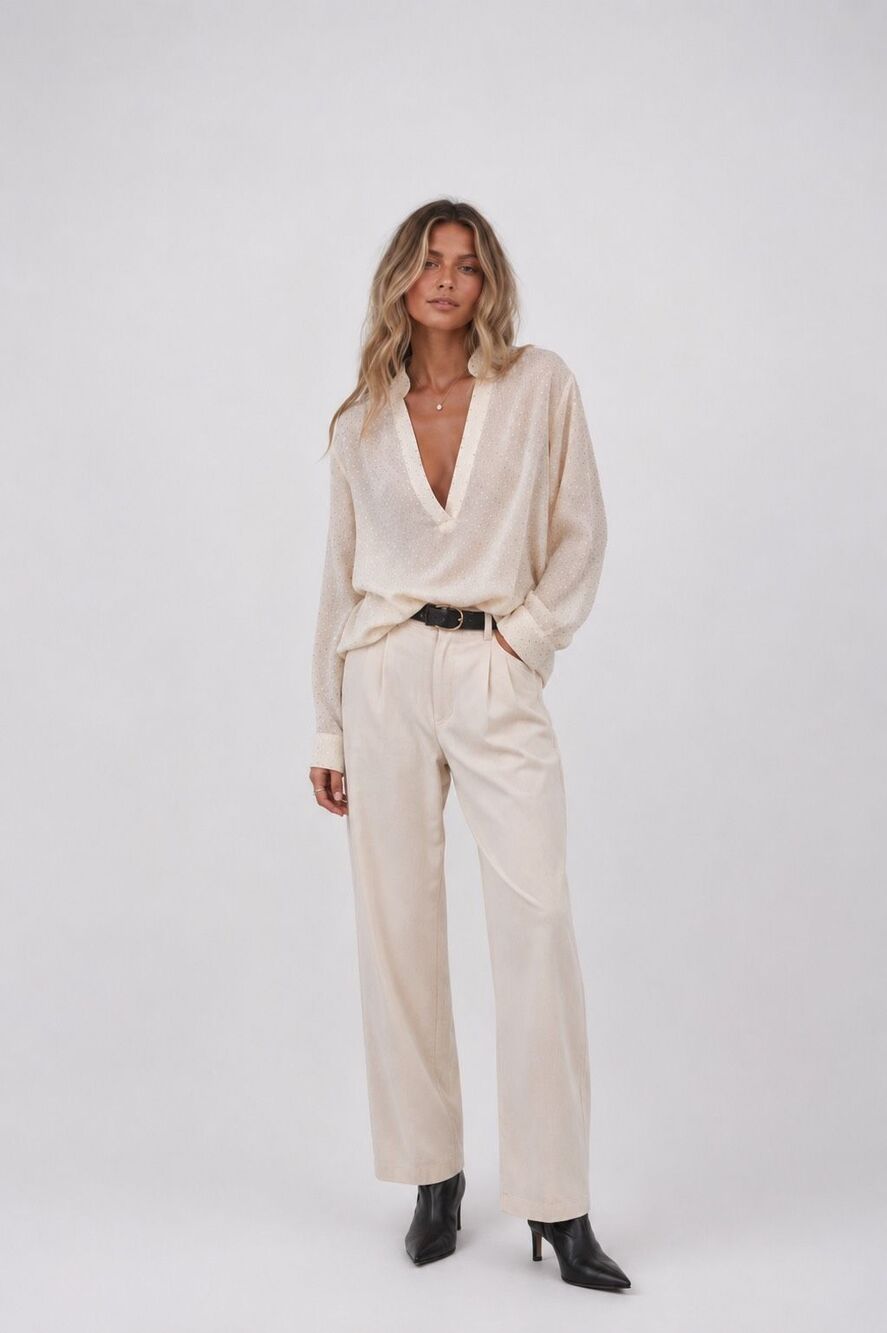 NWT Zara Sheer Rhinestone Embellished V-Neck Blouse Cream Size M (068)